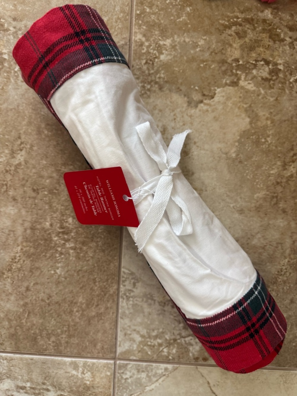 Williams Sonoma 108” Red Tartan Border Holiday Table Runner